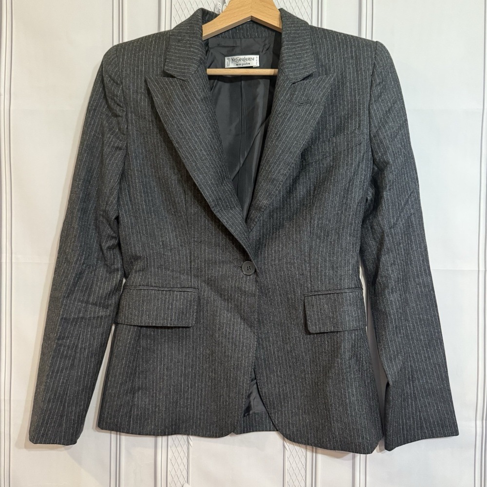 Vintage Yves Saint Laurent YSL Grey Pinstripe Wool Blazer France 34 Size 2